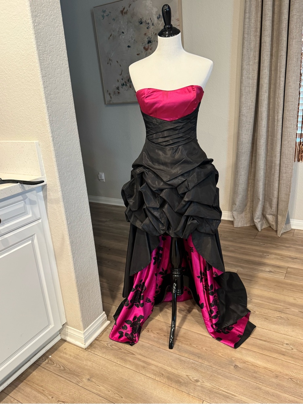 New Strapless Hot Pink and Black High-Low Cocktail Dress
